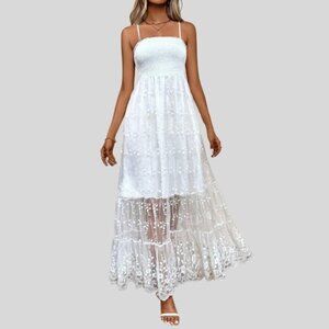 Embroidered Mesh Shirred Maxi Dress White